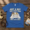 T-shirt design with text "Just A Boy Who Loves Dogs Who Loves Dogs" featuring a boy sitting with five different
