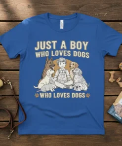 T-shirt design with text "Just A Boy Who Loves Dogs Who Loves Dogs" featuring a boy sitting with five different