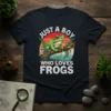 Just A Boy Who Loves Frogs text with a green tree frog graphic on a sunset background, available on a