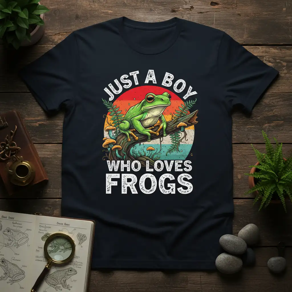 Just A Boy Who Loves Frogs text design with a vibrant green frog on a branch, set against a retro sunset graphic