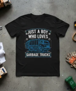 Black t-shirt with blue blueprint design of a garbage truck and text "Just A Boy Who Loves Garbage Trucks" for