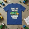 Just A Boy Who Loves Garbage Trucks T-Shirt design featuring a green and yellow garbage truck illustration