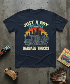 Just A Boy Who Loves Garbage Trucks t-shirt with a vintage sunset graphic of a garbage truck and city skyline