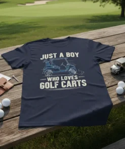 Navy t-shirt with "Just A Boy Who Loves Golf Carts" text and a graphic of a golf cart