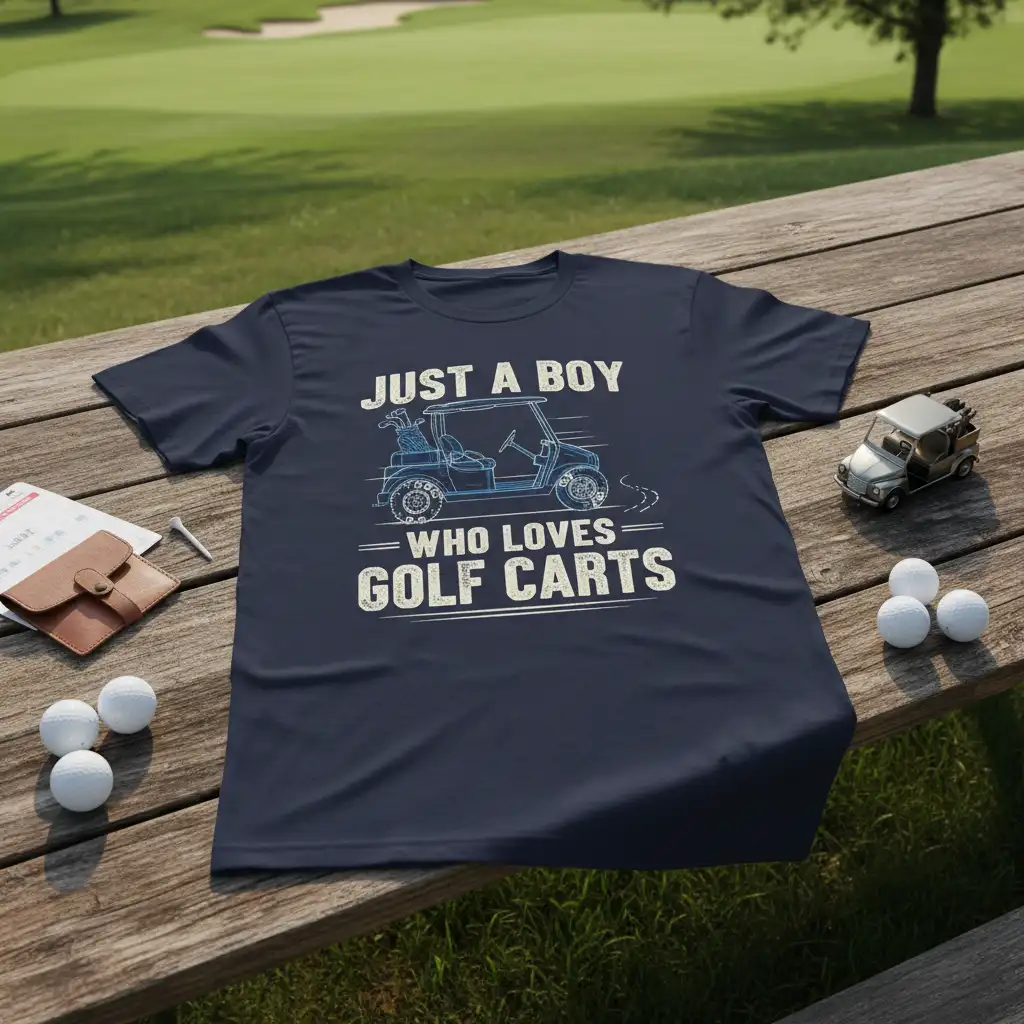 Just A Boy Who Loves Golf Carts text and graphic on a navy blue t-shirt