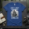Just A Boy Who Loves Gorillas text with a detailed illustration of a gorilla in a jungle setting on a
