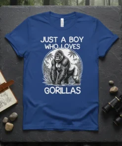 Just A Boy Who Loves Gorillas text with a detailed illustration of a gorilla in a jungle setting on a