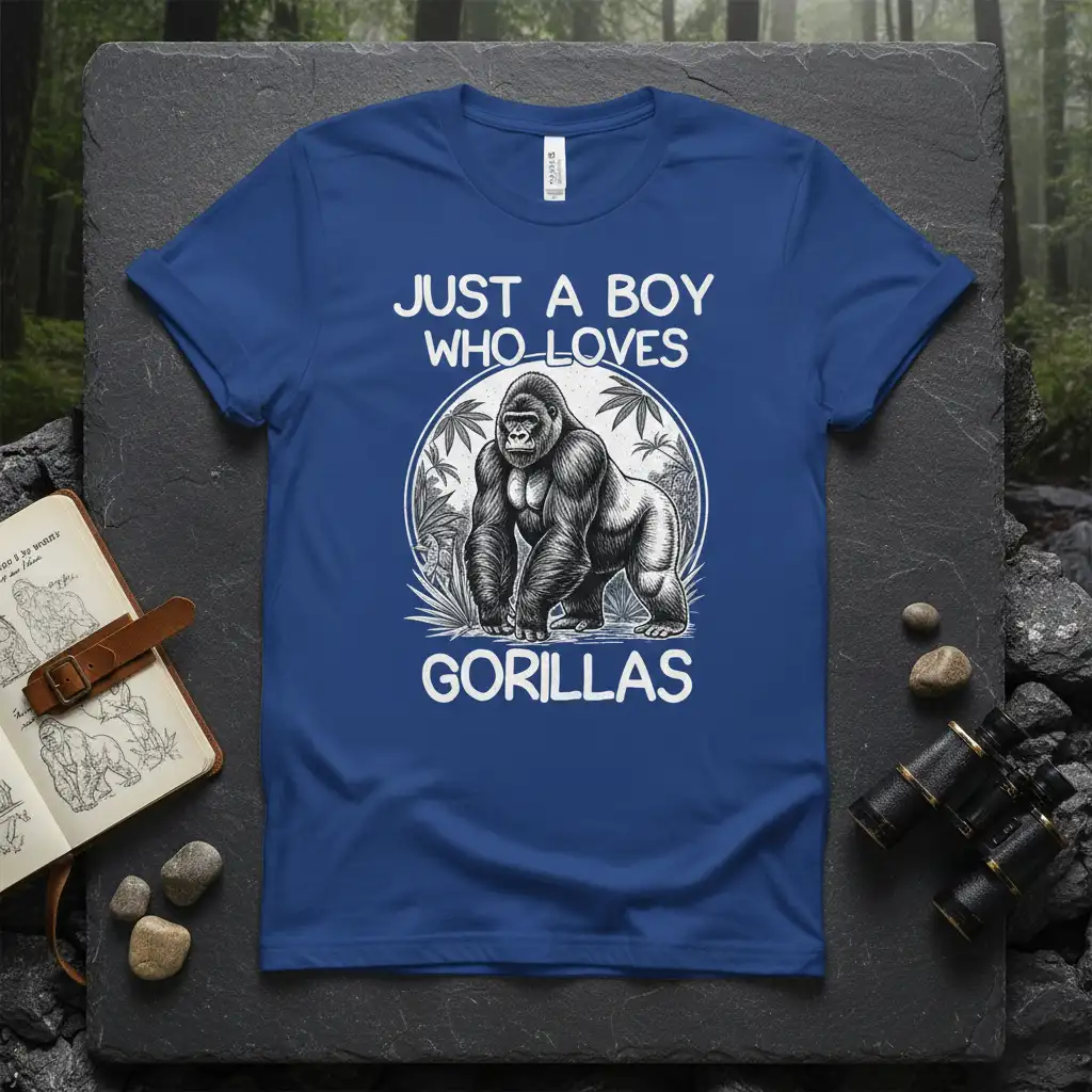 Just A Boy Who Loves Gorillas text and gorilla graphic on a blue t-shirt, perfect for young animal lovers