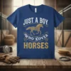 Blue t-shirt with white and gold text "JUST A BOY WHO LOVES HORSES" and a golden horse graphic