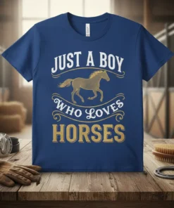 Blue t-shirt with white and gold text "JUST A BOY WHO LOVES HORSES" and a golden horse graphic