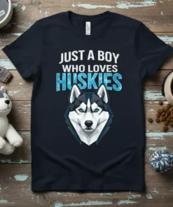 Just A Boy Who Loves Huskies text with geometric husky face graphic on a navy blue t-shirt