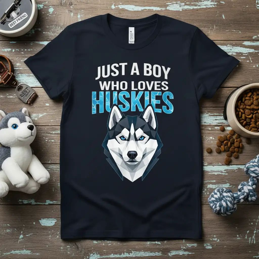 Just A Boy Who Loves Huskies text design with a geometric husky dog face graphic