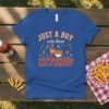 T-shirt with the text "JUST A BOY who loves KETCHUP" and graphics of a ketchup bottle and french fries