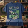 Just a Boy Who Loves Lawn Mowers t-shirt design featuring two lawn mowers and distressed text