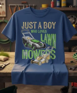 Just a Boy Who Loves Lawn Mowers t-shirt design featuring two lawn mowers and distressed text