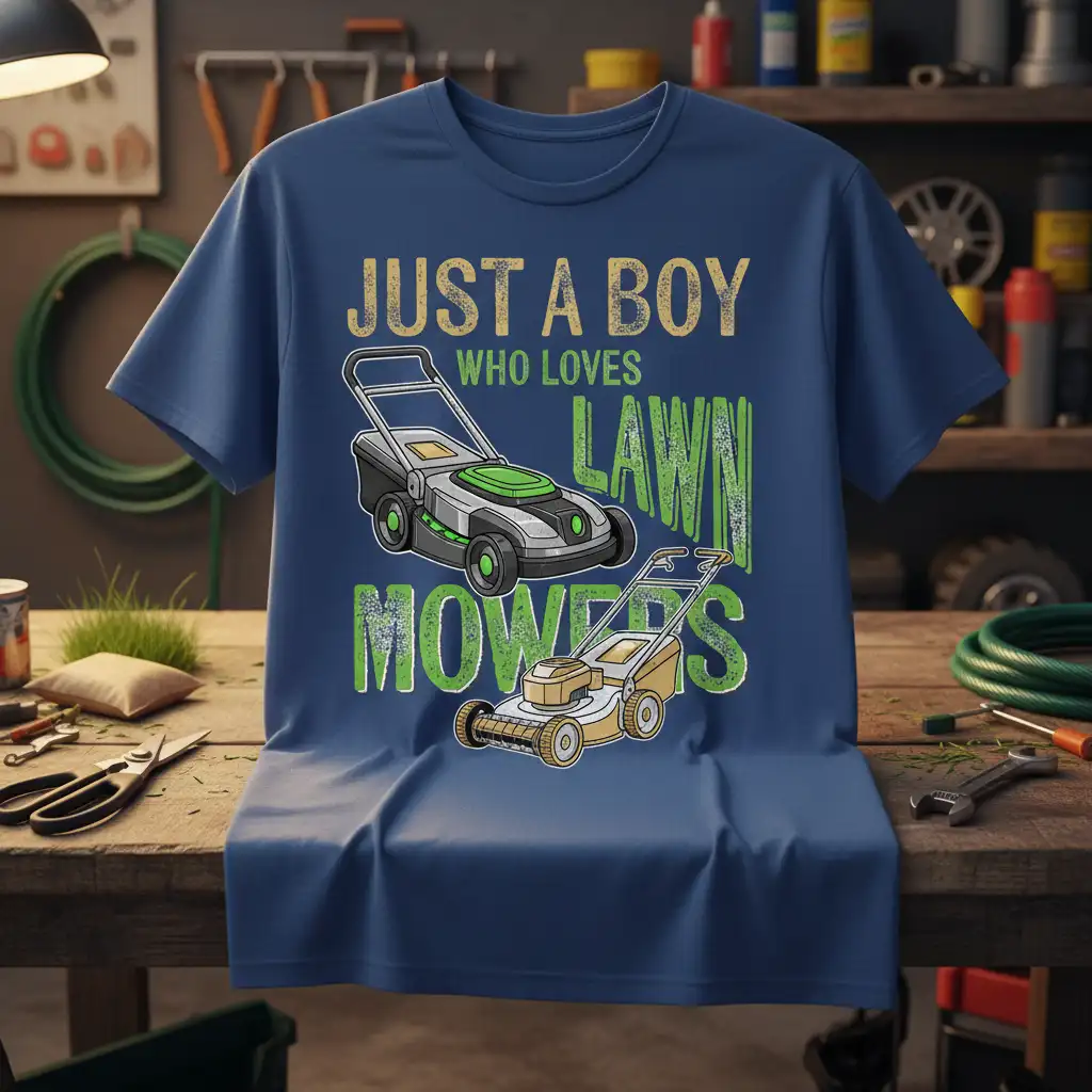 Just a Boy Who Loves Lawn Mowers quote with illustrations of two lawn mowers on a t-shirt