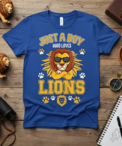 Just A Boy Who Loves Lions T-Shirt featuring a sunglasses-wearing lion graphic and paw prints