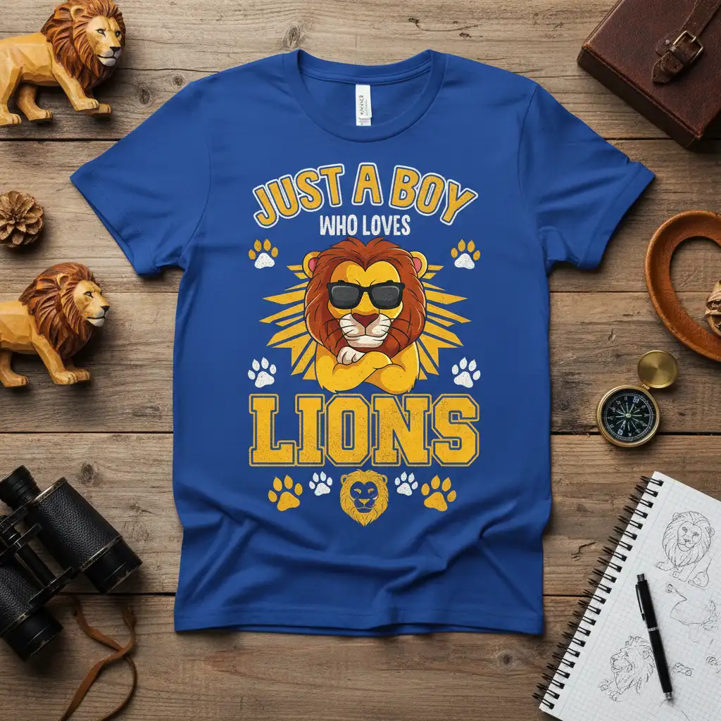 Just A Boy Who Loves Lions text with a cool lion graphic and paw prints on a blue t-shirt