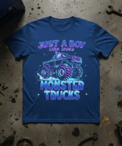 JUST A BOY who loves MONSTER TRUCKS text with a graphic of a monster truck on a navy blue t-shirt