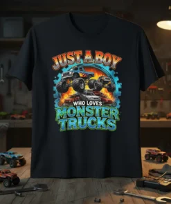 Just A Boy Who Loves Monster Trucks text with graphic of monster trucks and cars on a black t-shirt
