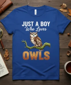 Just a Boy Who Loves Owls t-shirt design featuring a realistic owl perched on a branch and the text "JUST