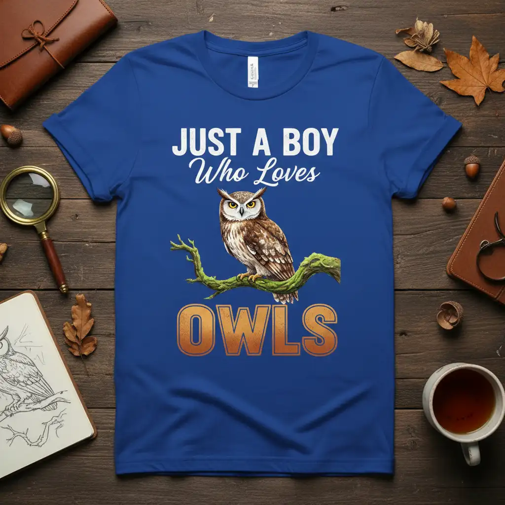 Just A Boy Who Loves Owls text with a detailed owl graphic on a blue t-shirt design
