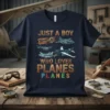 T-shirt with "JUST A BOY WHO LOVES PLANES PLANES" text and multiple airplane illustrations, including biplanes and jets