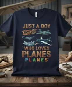 T-shirt with "JUST A BOY WHO LOVES PLANES PLANES" text and multiple airplane illustrations, including biplanes and jets