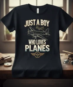 Just A Boy Who Loves Planes t-shirt with airplane graphic, gold and teal text, aviation theme
