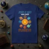 Just A Boy Who Loves Planets t-shirt with cartoon sun and planets in a playful design, perfect for young space