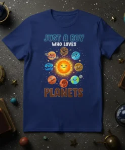 Just A Boy Who Loves Planets t-shirt with cartoon sun and planets in a playful design, perfect for young space