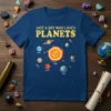 Just A Boy Who Loves Planets t-shirt design with cartoon sun and planets in orbit