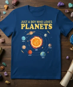 Just A Boy Who Loves Planets t-shirt design with cartoon sun and planets in orbit