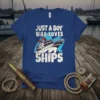 Just A Boy Who Loves Ships t-shirt design with a graphic of a cruise ship
