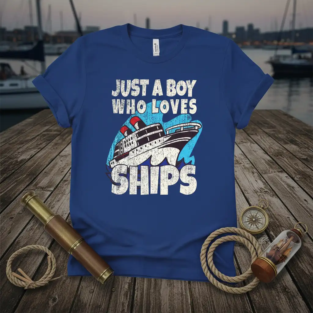 Just A Boy Who Loves Ships text and cruise ship graphic on a blue t-shirt