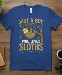Just A Boy Who Loves Sloths text with a cute sloth hanging on a tree branch graphic