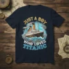Just A Boy Who Loves Titanic text with an illustration of the RMS Titanic ship and steampunk gears