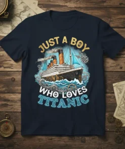 Just A Boy Who Loves Titanic text with an illustration of the RMS Titanic ship and steampunk gears