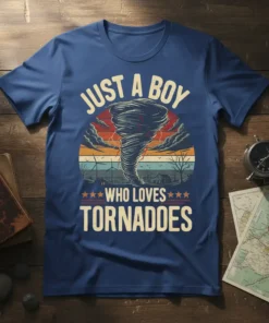Just A Boy Who Loves Tornadoes text with a vintage tornado graphic and sunset background on a blue t-shirt