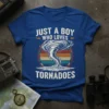 Retro style t-shirt design with the text "JUST A BOY WHO LOVES TORNADOES" and a swirling tornado graphic
