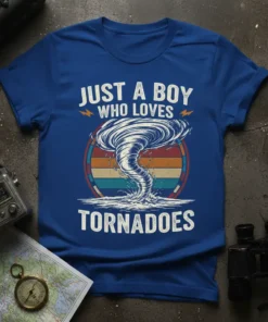 Retro style t-shirt design with the text "JUST A BOY WHO LOVES TORNADOES" and a swirling tornado graphic