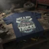 Just A Boy Who Loves Trucks graphic tee with a vintage semi-truck illustration and bold typography