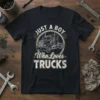 Just A Boy Who Loves Trucks text with graphic of a semi-truck, printed on a navy t-shirt