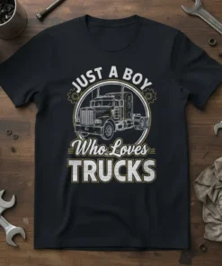 Just A Boy Who Loves Trucks text with graphic of a semi-truck, printed on a navy t-shirt