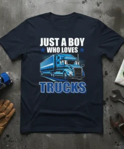 Just A Boy Who Loves Trucks text with a blue semi-truck graphic on a navy t-shirt design