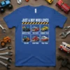 T-shirt design with text "JUST A BOY WHO LOVES" above six illustrations of vehicles: monster truck, fire truck, garbage truck