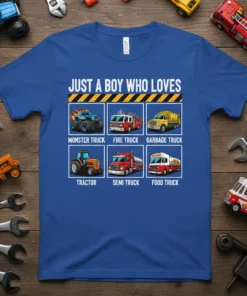 T-shirt design with text "JUST A BOY WHO LOVES" above six illustrations of vehicles: monster truck, fire truck, garbage truck