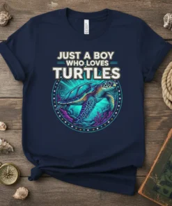 Just A Boy Who Loves Turtles t-shirt with a colorful sea turtle graphic and ocean-themed border