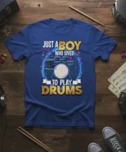 Just A Boy Who Loves To Play Drums T-Shirt design featuring a drum set graphic and gold glitter text for