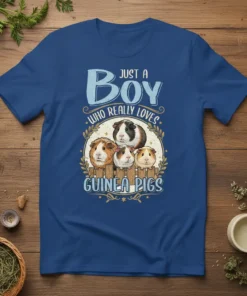 Just a Boy Who Really Loves Guinea Pigs text with illustration of four guinea pigs behind a fence on a